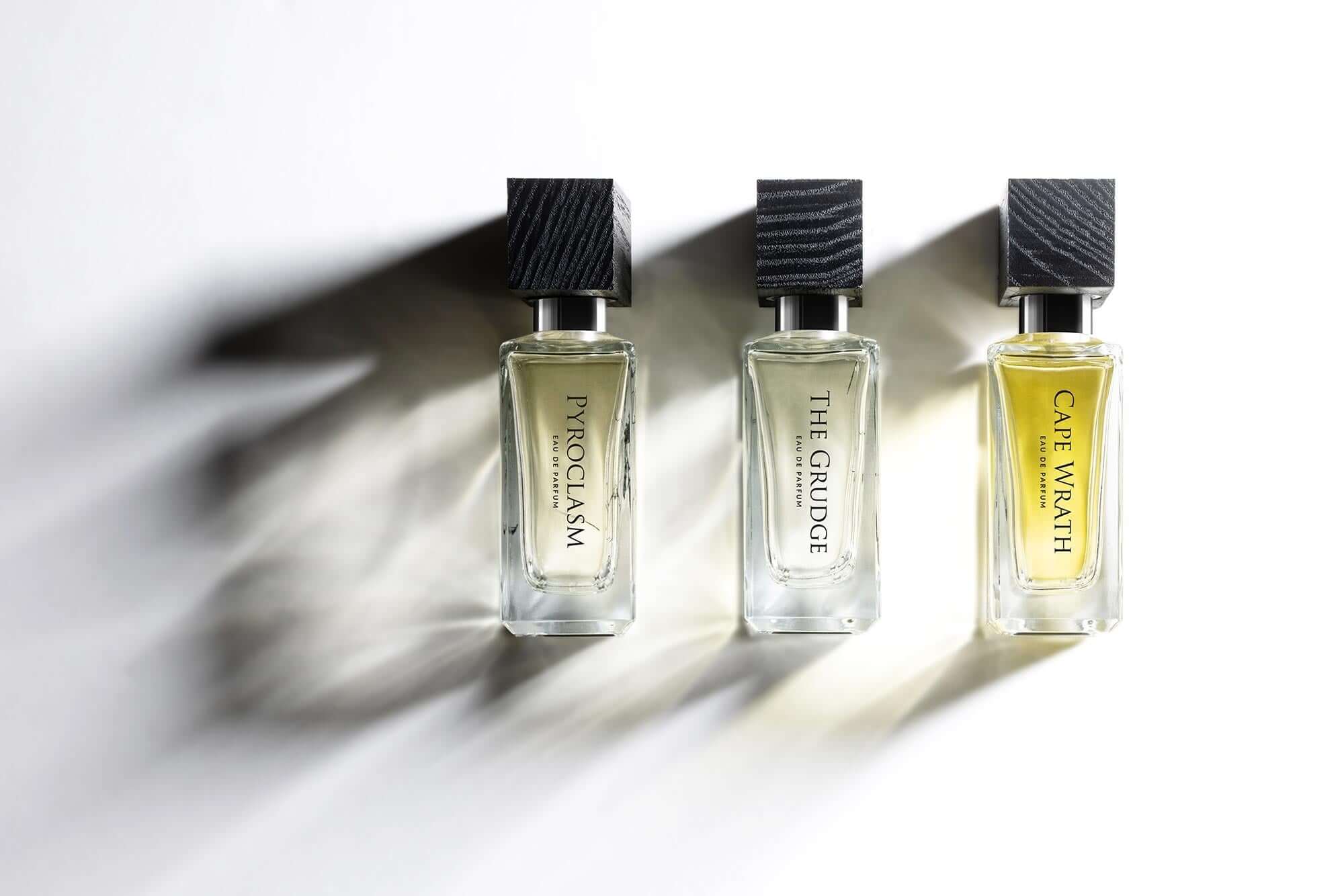 Beaufort London's 'Force Majeure' Eau de Parfum collection on a white background with bold shadows