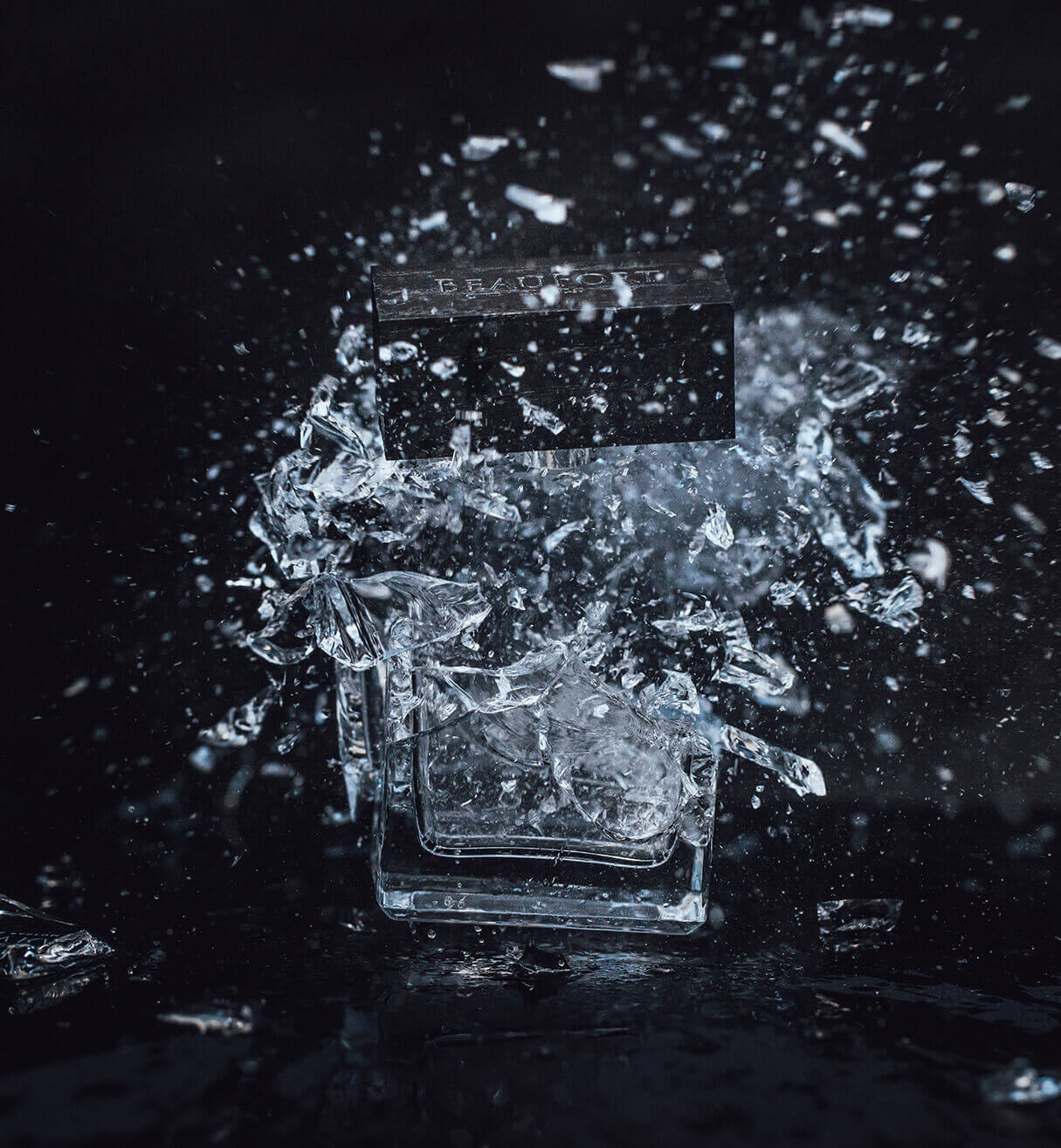 A bottle of BeauFort London's The Grudge Eau De Parfum, smashed into small pieces