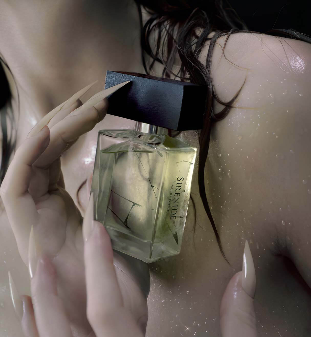 A Selkie holding a bottle BeauFort London's 'Sirenide Eau de Parfum'