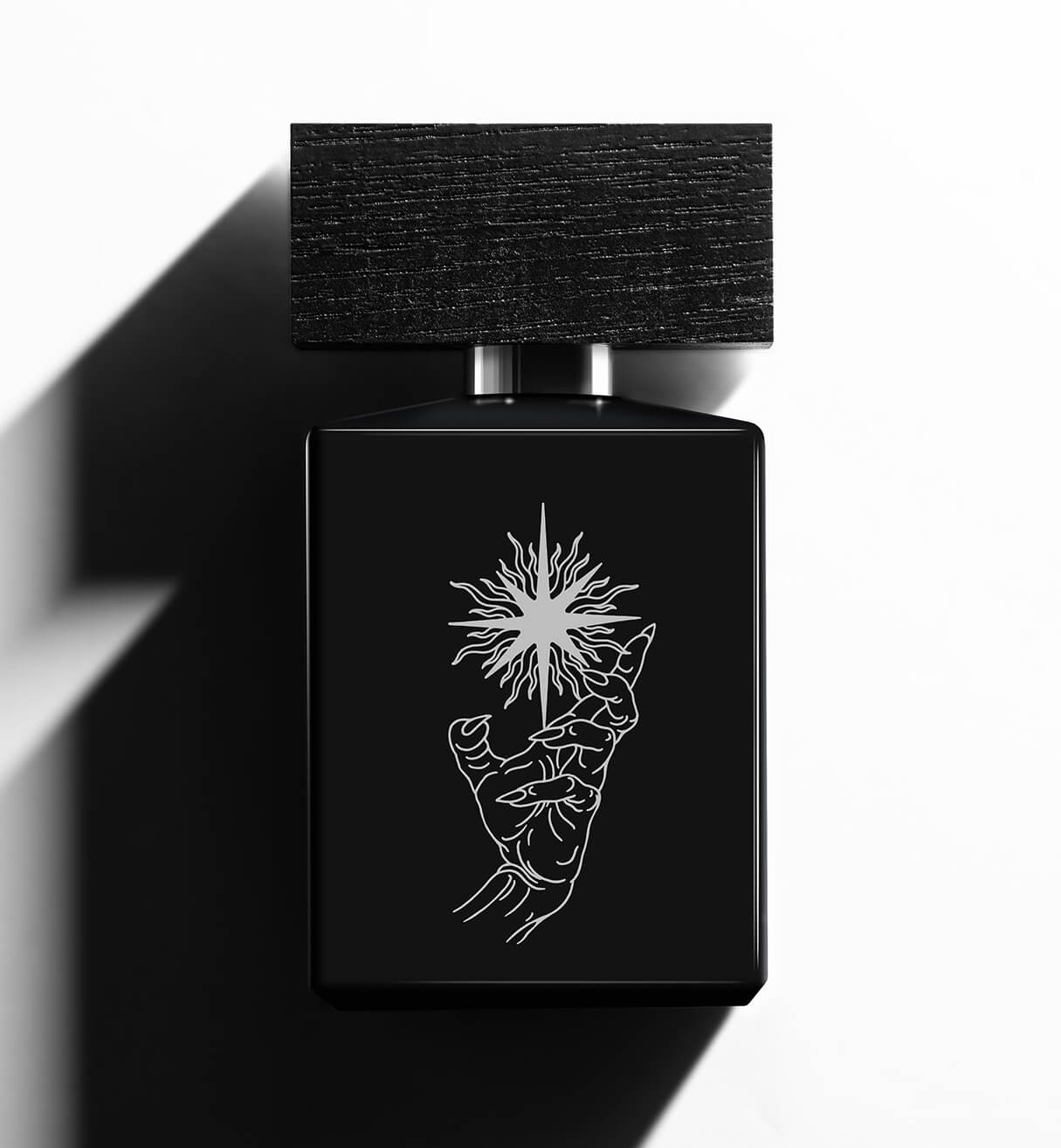 A bottle of Beaufort London's 'Absent Presence' Eau de Parfum on a white background with heavy shadows