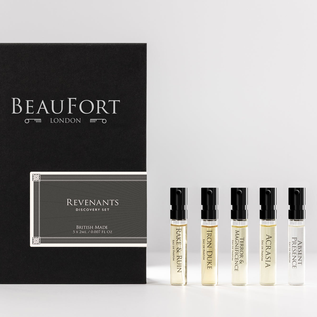 Set of BeauFort London Revenants Discovery Set samples with a black box labeled 'BeauFort London' on a white background