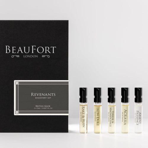 Set of BeauFort London Revenants Discovery Set samples with a black box labeled 'BeauFort London' on a white background