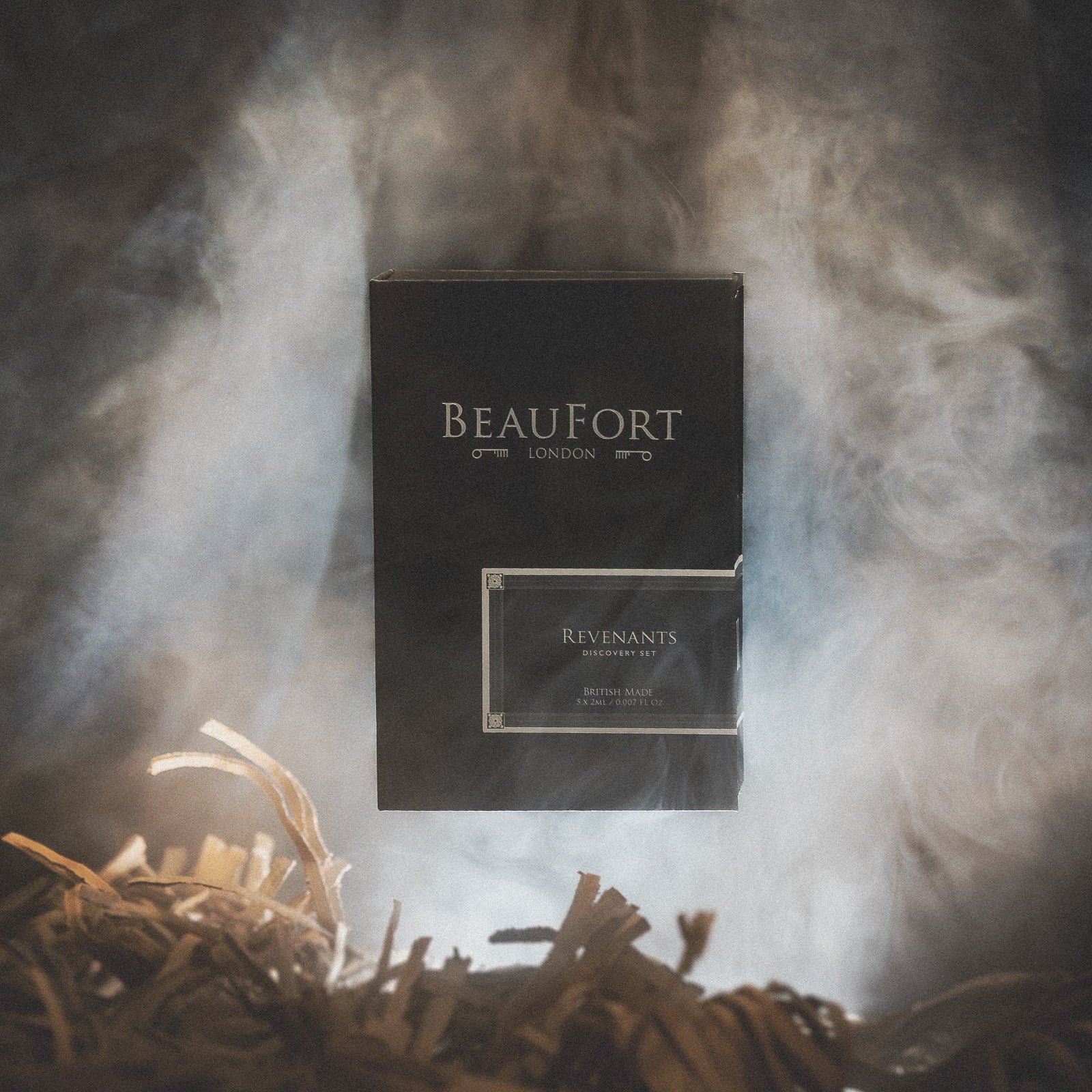 BeauFort London Revenants Discovery Set product packaging on a dark background with smoke effect