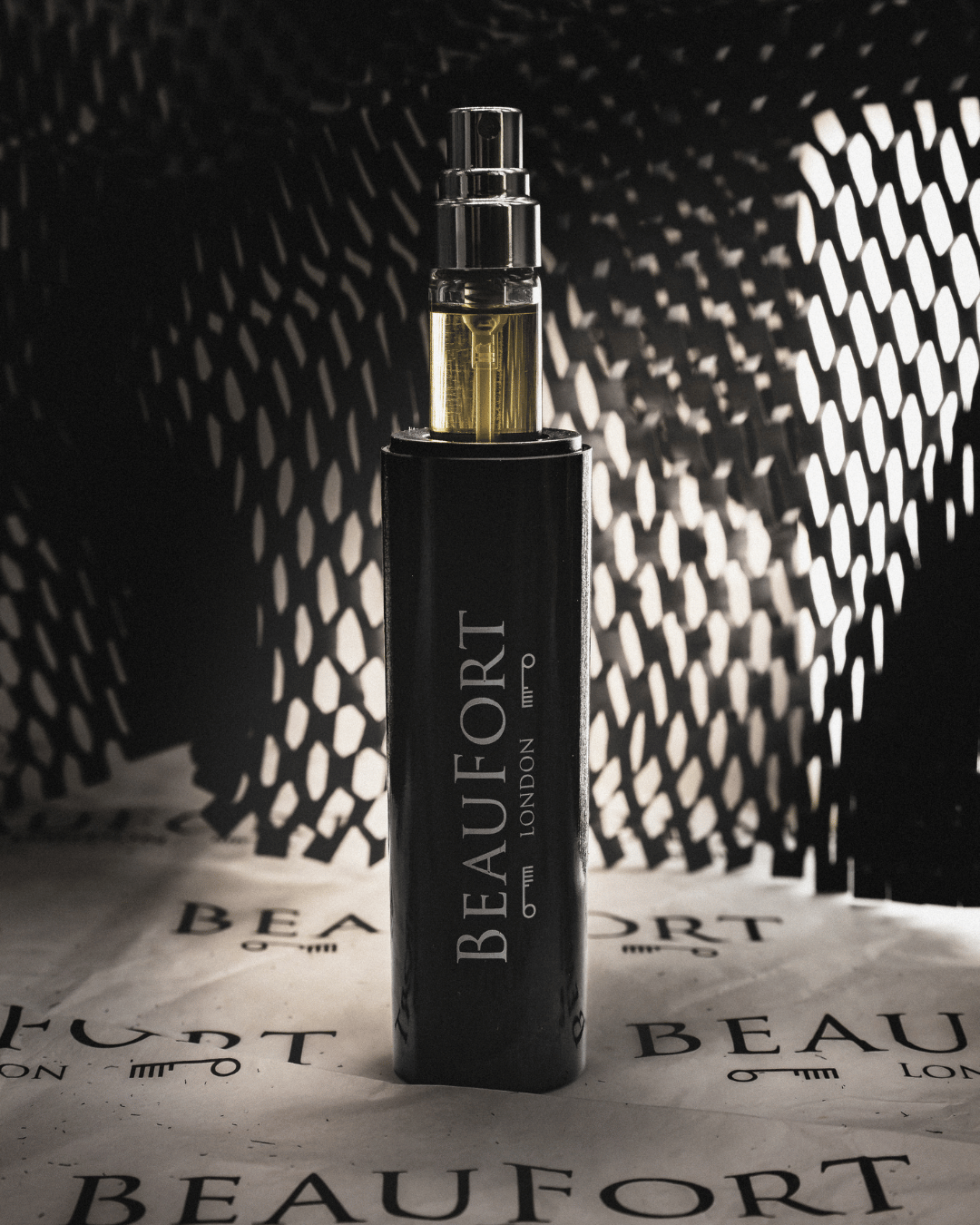 A Beaufort London 7.5ml fragrance stood inside a black travel size case