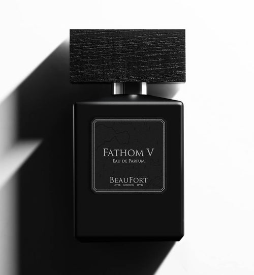 A bottle of BeauFort London's Fathom V Eau De Parfum bottle on a white background with heavy shadows
