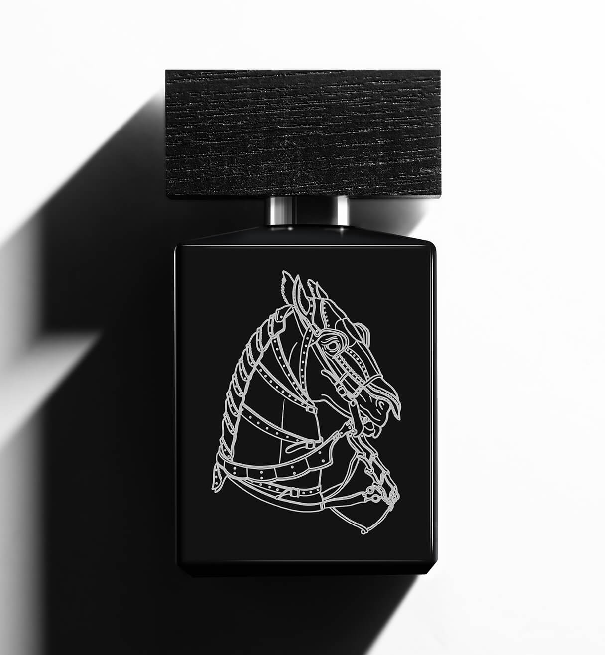 A bottle of Beaufort London's  'Iron Duke' Eau de Parfum bottle on a white background with heavy shadows