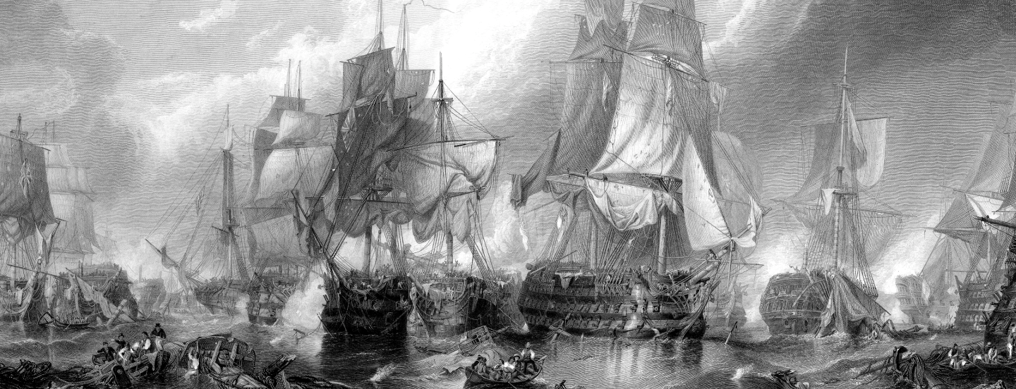Historical illustration of a naval battle with ships and cannons.