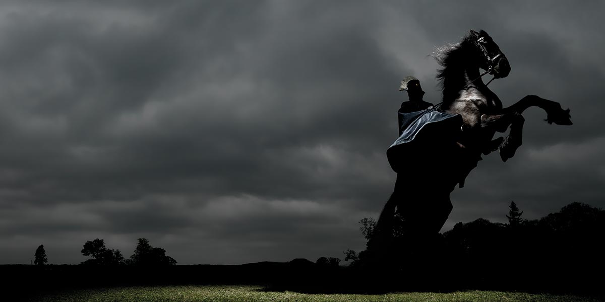 Atmospheric photo of a regal man on horseback